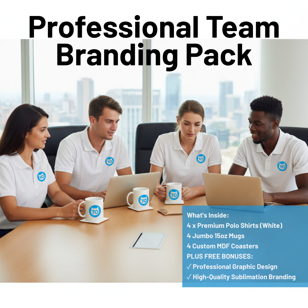 Professional Team Branding Pack Team in branded polo's around desk, mugs and coasters on display
